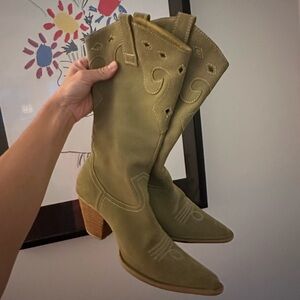 Vintage Green Suede Cowboy Boots